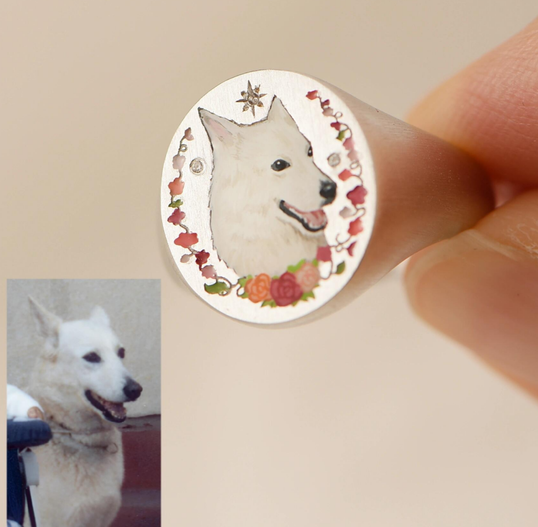 Personalized Pet Memorial Ring, Dogs/Birds Photo Ring, Inspired Enamel Jewelry, Hand Painted Ring, Pet Memorial, Sterling Silver Ring, 14K/18K Jewelry, Special Gift for Her