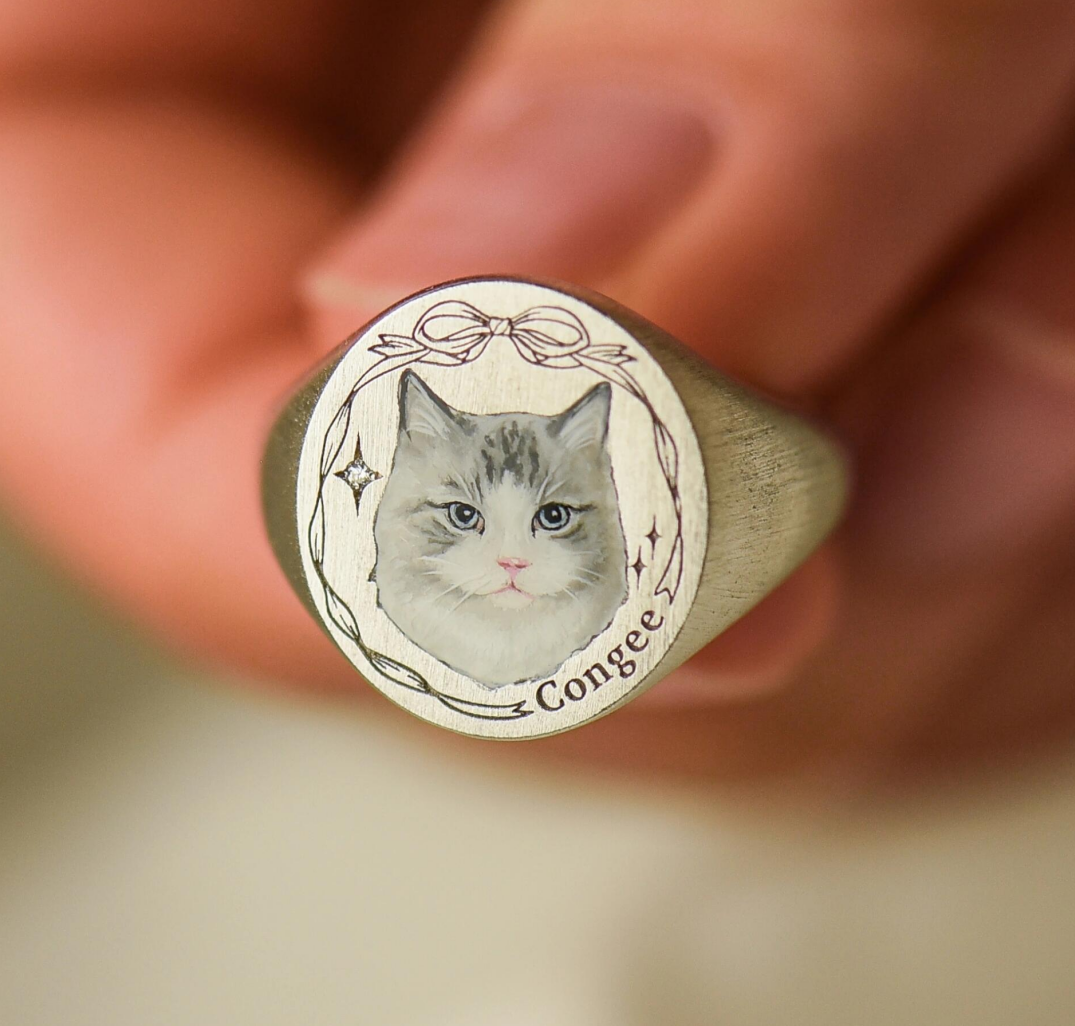 Personalized Cat Memorial Ring, Cat Photo Ring, Unique Enamel Jewelry, Hand Painted Ring, Cat Loss, Sterling Silver Ring, 14K/18K Jewelry, Special Gift for Pet Lovers
