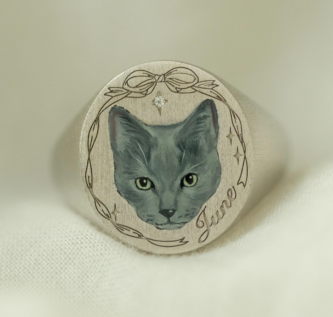 Personalized Cat Memorial Ring, Cat Photo Ring, Unique Enamel Jewelry, Hand Painted Ring, Cat Loss, Sterling Silver Ring, 14K/18K Jewelry, Special Gift for Pet Lovers