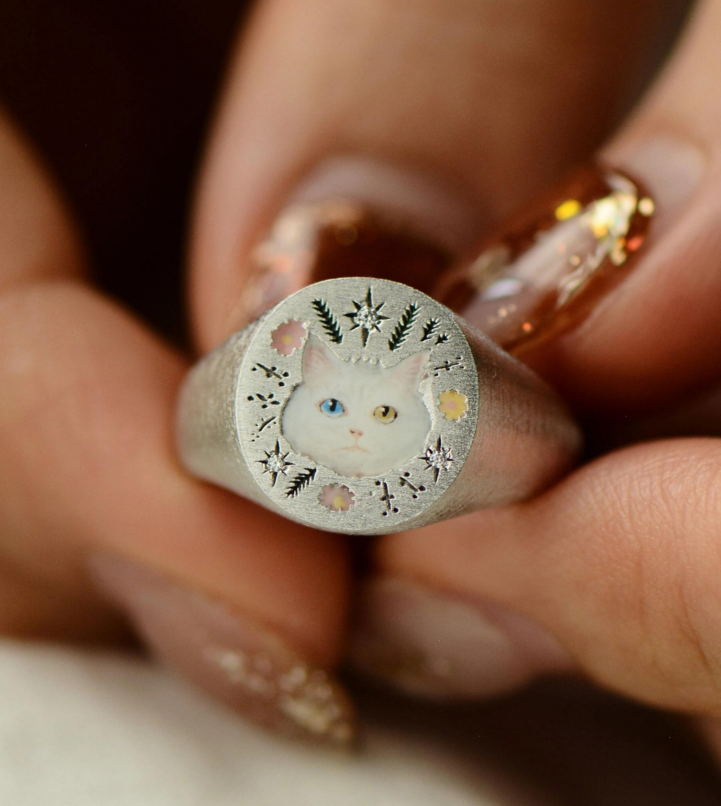 Personalized Cat Memorial Ring, Cat Photo Ring, Unique Enamel Jewelry, Hand Painted Ring, Cat Loss, Sterling Silver Ring, 14K/18K Jewelry, Special Gift for Pet Lovers