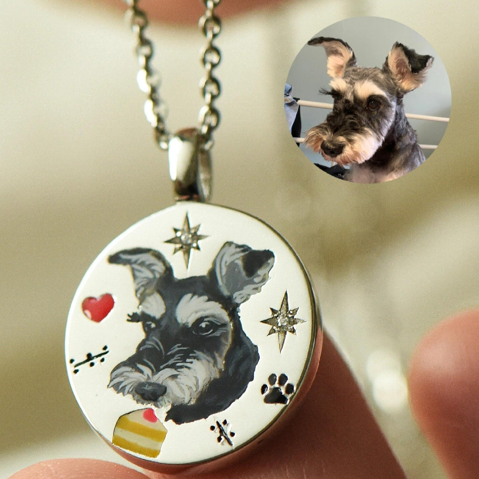 Custom Dog Memorial Necklace, Pet Photo Necklace, Enamel Necklace, Hand Painted , Personalized Jewelry, Pet Loss, Sterling Silver,14K/18K