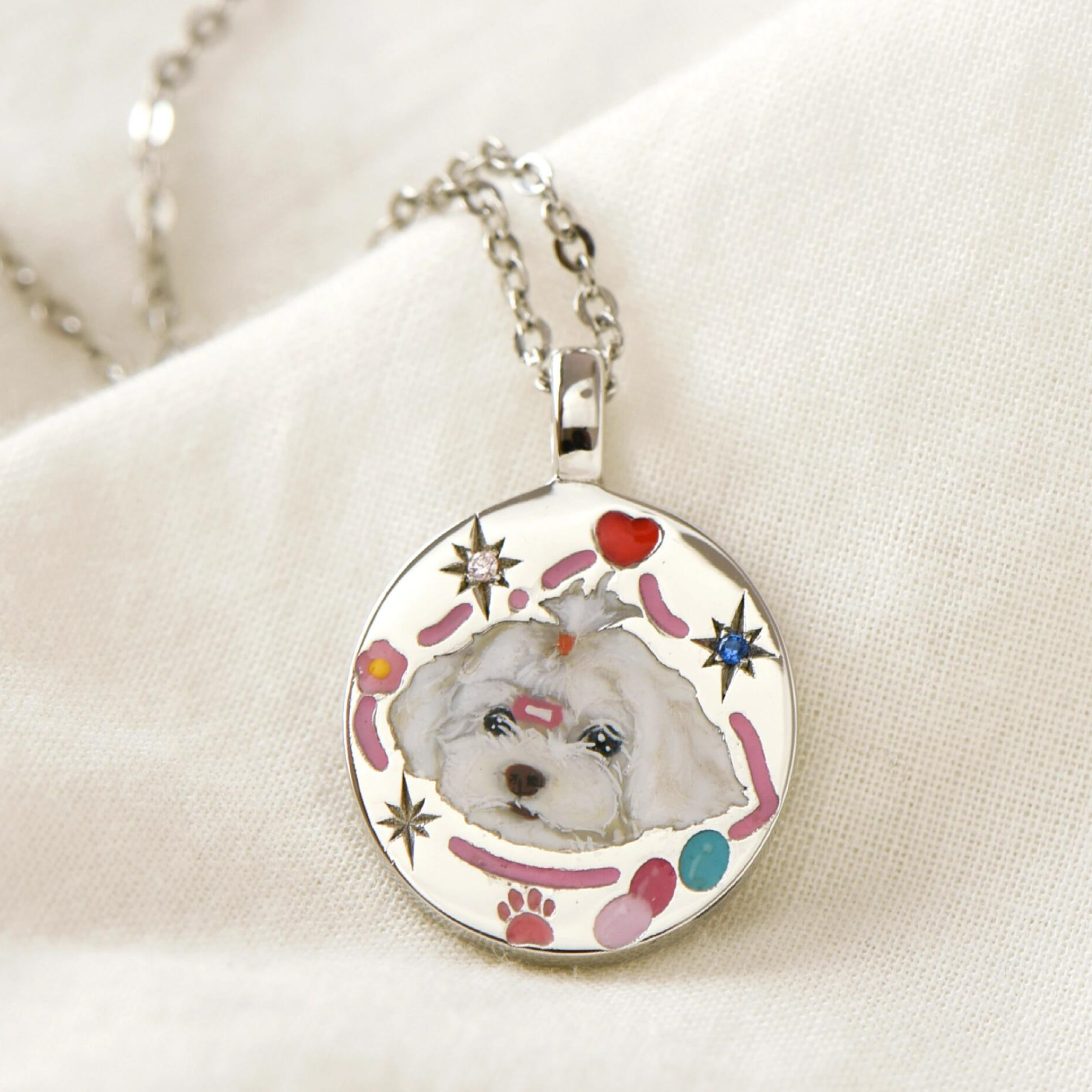 Custom Dog Memorial Necklace, Pet Photo Necklace, Enamel Necklace, Hand Painted , Personalized Jewelry, Pet Loss, Sterling Silver,14K/18K